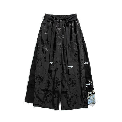 Buddha Stones Spring Summer Tang Style Drawstring Embroidery Abstract Cropped Pants Men's Wide Leg Pants With Pocket - image 7