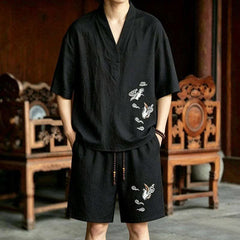 Buddha Stones 2Pcs Summer Tang Style Meditation Embroidery Crane Short Sleeve Shirt Shorts Men's Meditation Cloth With Pockets - Black Shirt+Black Shorts - US/UK/AU46，EU56 (5XL) - image 0