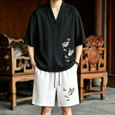 Buddha Stones 2Pcs Summer Tang Style Meditation Embroidery Crane Short Sleeve Shirt Shorts Men's Meditation Cloth With Pockets - Black Shirt+White Shorts - US/UK/AU46，EU56 (5XL) - image 4
