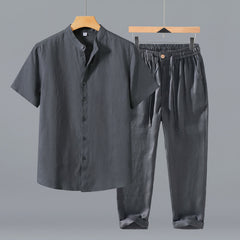 Buddha Stones 2Pcs Summer Tang Style Meditation Mandarin Collar Button-Up Solid Linen Short Sleeve Shirt Pants Men's Meditation Cloth With Pocket - Gray Shirt+Pants - US/UK/AU42，EU52 (3XL) - image 0