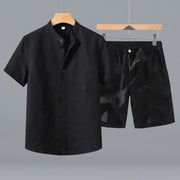 Foviel 2Pcs Summer Mandarin Collar Button-Up Solid Linen Short Sleeve Shirt Shorts Men's Meditation Cloth With Pocket