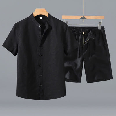 Buddha Stones 2Pcs Summer Mandarin Collar Button-Up Solid Linen Short Sleeve Shirt Shorts Men's Meditation Cloth With Pocket - Black Shirt+Shorts - US/UK/AU42，EU52 (3XL) - image 8