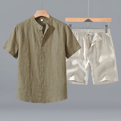 Buddha Stones 2Pcs Summer Mandarin Collar Button-Up Solid Linen Short Sleeve Shirt Shorts Men's Meditation Cloth With Pocket - DarkKhaki Shirt+Beige Shorts - US/UK/AU42，EU52 (3XL) - image 0