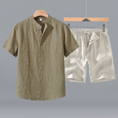 Buddha Stones 2Pcs Summer Mandarin Collar Button-Up Solid Linen Short Sleeve Shirt Shorts Men's Meditation Cloth With Pocket - DarkKhaki Shirt+Beige Shorts - US/UK/AU42，EU52 (3XL) - image 0
