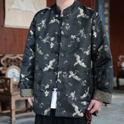 Foviel Fall Winter Tang Style Vintage Mandarin Collar Crane Print Men's Jackets With Pocket
