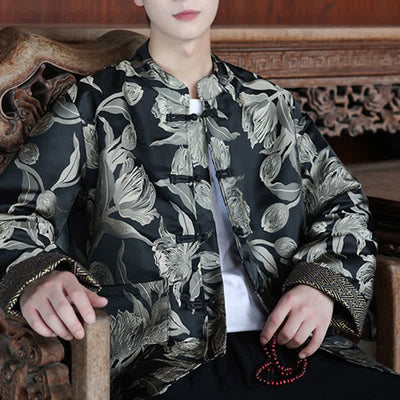 Buddha Stones Fall Winter Tang Style Vintage Mandarin Collar Crane Print Men's Jackets With Pocket - image 25