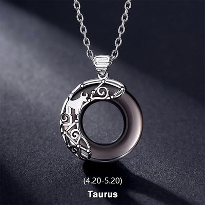 Buddha Stones 12 Constellations of the Zodiac Ice Obsidian Blessing Round Pendant Necklace - Taurus - 925 Sterling Silver Chain - image 3