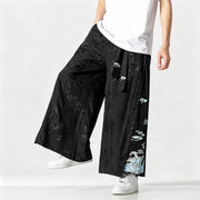 Foviel Spring Summer Tang Style Drawstring Embroidery Abstract Cropped Pants Men's Wide Leg Pants With Pocket