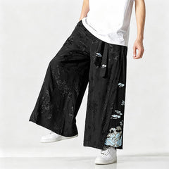 Buddha Stones Spring Summer Tang Style Drawstring Embroidery Abstract Cropped Pants Men's Wide Leg Pants With Pocket - Black - US/UK/AU46，EU56 (5XL) - image 0