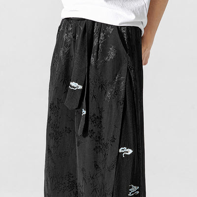 Buddha Stones Spring Summer Tang Style Drawstring Embroidery Abstract Cropped Pants Men's Wide Leg Pants With Pocket - image 8