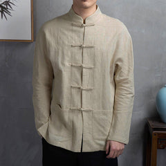 Buddha Stones Solid Color Casual Frog-button Men's Shirt Clothing - Linen - US/UK/AU44，EU54 (5XL) - image 0