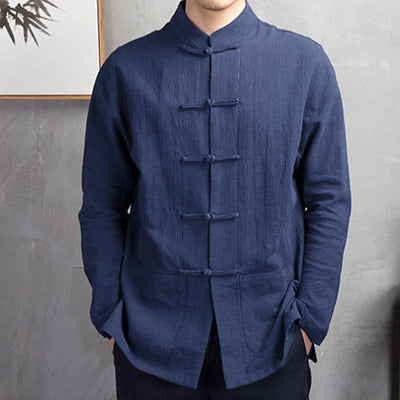 Buddha Stones Solid Color Casual Frog-button Men's Shirt Clothing - image 7