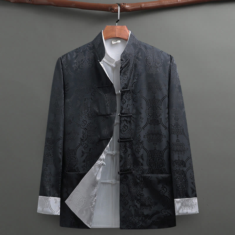 Buddha Stones 2Pcs Men's Tang Suit Koi Fish Pattern Frog-Button Long Sleeve Shirt Pants Set - image 1