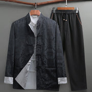 Foviel 2Pcs Men's Tang Suit Koi Fish Pattern Frog-Button Long Sleeve Shirt Pants Set