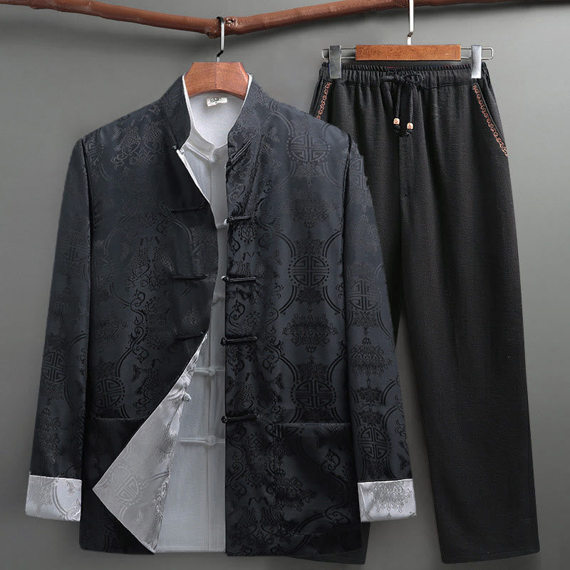 Buddha Stones 2Pcs Men's Tang Suit Koi Fish Pattern Frog-Button Long Sleeve Shirt Pants Set - Gray - US/UK/AU42，EU52 (3XL) - image 0