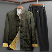 Foviel 2Pcs Men's Tang Suit Koi Fish Pattern Frog-Button Long Sleeve Shirt Pants Set