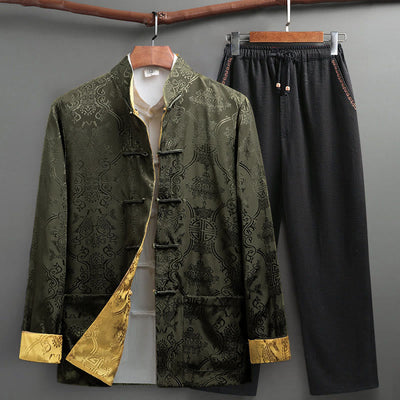Buddha Stones 2Pcs Men's Tang Suit Koi Fish Pattern Frog-Button Long Sleeve Shirt Pants Set - YellowGreen - US/UK/AU42，EU52 (3XL) - image 22