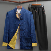Foviel 2Pcs Men's Tang Suit Koi Fish Pattern Frog-Button Long Sleeve Shirt Pants Set