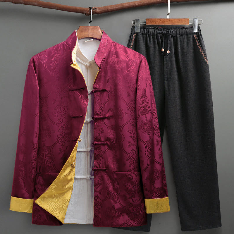 Buddha Stones 2Pcs Men's Tang Suit Koi Fish Pattern Frog-Button Long Sleeve Shirt Pants Set - Crimson - US/UK/AU42，EU52 (3XL) - image 16