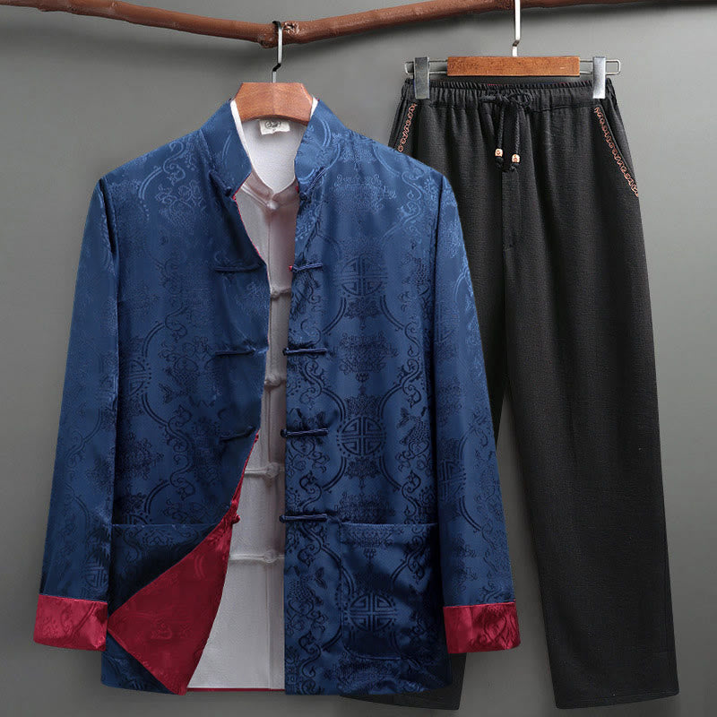 Buddha Stones 2Pcs Men's Tang Suit Koi Fish Pattern Frog-Button Long Sleeve Shirt Pants Set - CornflowerBlue - US/UK/AU42，EU52 (3XL) - image 18