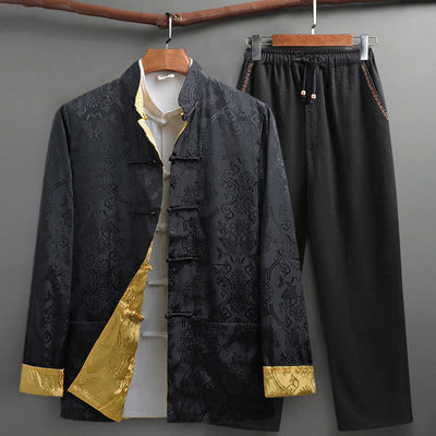 Buddha Stones 2Pcs Men's Tang Suit Koi Fish Pattern Frog-Button Long Sleeve Shirt Pants Set - Black - US/UK/AU42，EU52 (3XL) - image 24