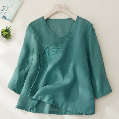 Buddha Stones Casual Women's Embroidery Plants Design Three Quarter Sleeve Shirt - LightSeaGreen - US8-10，UK/AU12-14，EU40-42 (2XL) - image 20