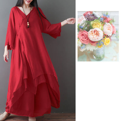 Buddha Stones V-Neck Midi Tunic Dress Wide Leg Pants Meditation Zen Practice Dance Clothing - image 13