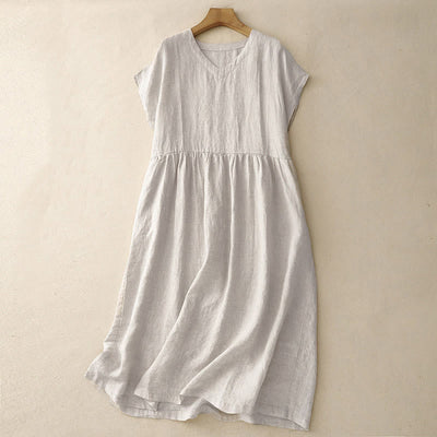 Buddha Stones Casual Artistic Solid Color Simple Design High Waist Short Sleeve Midi Dress With Pockets - Linen - US8-10，UK/AU12-14，EU40-42 (2XL) - image 0