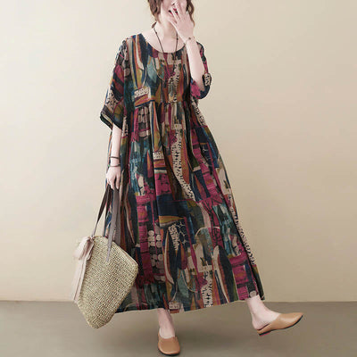 Buddha Stones Colorful Graphics Midi Dress Half Sleeve Tunic Dress With Pockets - image 6