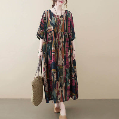 Buddha Stones Colorful Graphics Midi Dress Half Sleeve Tunic Dress With Pockets - image 2