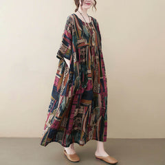 Buddha Stones Colorful Graphics Midi Dress Half Sleeve Tunic Dress With Pockets - Color(Dress Only)(Bust 142cm/Hem 130cm/Length 120cm) - image 0