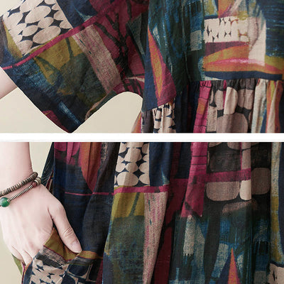 Buddha Stones Colorful Graphics Midi Dress Half Sleeve Tunic Dress With Pockets - image 9