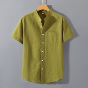Foviel Summer Men's Short Sleeve Button Down Cotton Linen Shirt