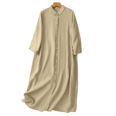 Buddha Stones Fall Commute Plain Buttons Design Long Sleeve Knee Length Dress With Pockets - image 17
