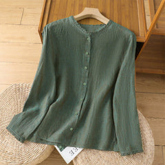 Buddha Stones Spring Solid Color Buttons Design Ruffled Crew Neck Women's Shirt - SeaGreen - US14，UK/AU18，EU46 (2XL) - image 0