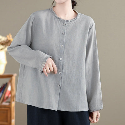 Buddha Stones Spring Solid Color Buttons Design Ruffled Crew Neck Women's Shirt - image 10