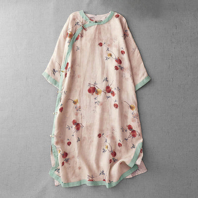 Buddha Stones Frog-Button Orchid Pomegranate Flowers Pattern Side Slit Design Half Sleeve Midi Dress - PeachPuff - US12，UK/AU16，EU44 (2XL) - image 1