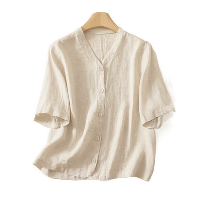 Buddha Stones Summer Solid Color V-Neck Buttons Simple Design Women's Short Sleeve Shirt - image 13