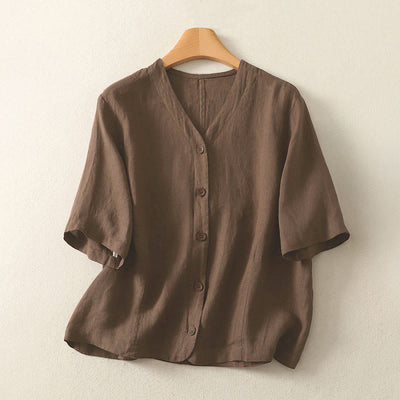 Buddha Stones Summer Solid Color V-Neck Buttons Simple Design Women's Short Sleeve Shirt - SaddleBrown - US8-10，UK/AU12-14，EU40-42 (2XL) - image 18