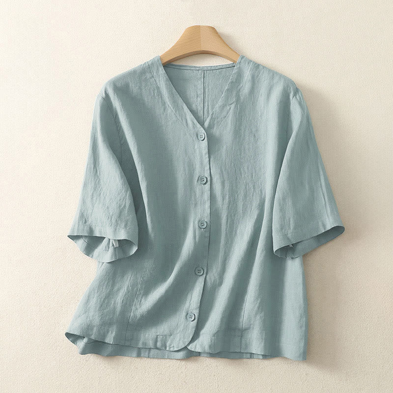 Buddha Stones Summer Solid Color V-Neck Buttons Simple Design Women's Short Sleeve Shirt - MediumTurquoise - US8-10，UK/AU12-14，EU40-42 (2XL) - image 0