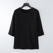 Foviel Summer Casual Crew Neck Men's Elbow-Length Sleeve Cotton Linen T-Shirt
