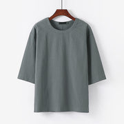 Foviel Summer Casual Crew Neck Men's Elbow-Length Sleeve Cotton Linen T-Shirt