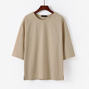 Foviel Summer Casual Crew Neck Men's Elbow-Length Sleeve Cotton Linen T-Shirt