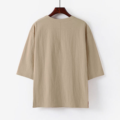 Buddha Stones Summer Casual Crew Neck Men's Elbow-Length Sleeve Cotton Linen T-Shirt - image 1