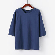 Foviel Summer Casual Crew Neck Men's Elbow-Length Sleeve Cotton Linen T-Shirt