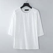 Foviel Summer Casual Crew Neck Men's Elbow-Length Sleeve Cotton Linen T-Shirt