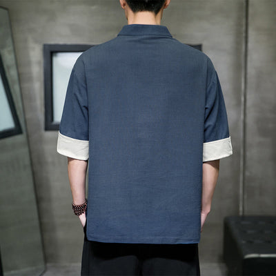 Buddha Stones Summer Tang Style Mandarin Collar Solid Men's Short Sleeve Shirts - image 4