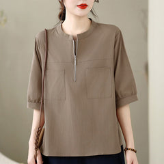 Buddha Stones Summer Minimalist Casual Quarter Zip Design Solid Women's Short Sleeve Shirts With Patch Pocket - Tan - US12, UK/AU16, EU44 (2XL) - image 0