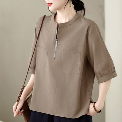 Buddha Stones Summer Minimalist Casual Quarter Zip Design Solid Women's Short Sleeve Shirts With Patch Pocket - image 5