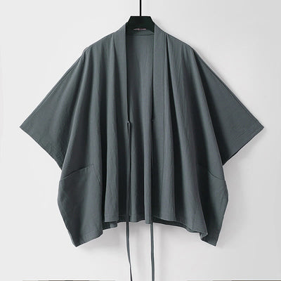 Buddha Stones Summer Minimalist Drawstring Lace-up Solid Short Sleeve Men's Kimono With Pockets - image 1